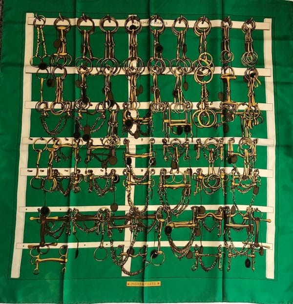 HERMÈS Scarf Carré Mors Et Filets 1966 Vintage Green Gold Etriers Horsebit - Image 7