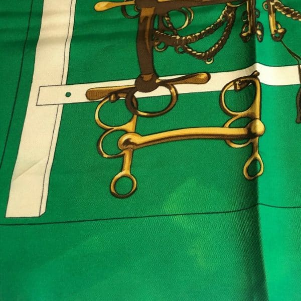 HERMÈS Scarf Carré Mors Et Filets 1966 Vintage Green Gold Etriers Horsebit - Image 10