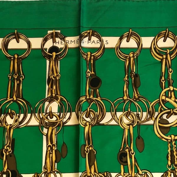 HERMÈS Scarf Carré Mors Et Filets 1966 Vintage Green Gold Etriers Horsebit - Image 4