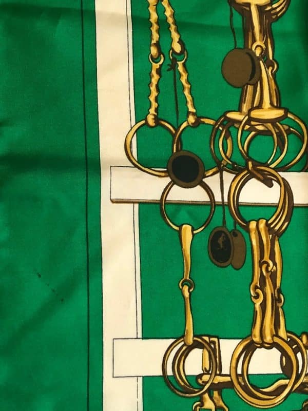 HERMÈS Scarf Carré Mors Et Filets 1966 Vintage Green Gold Etriers Horsebit - Image 9