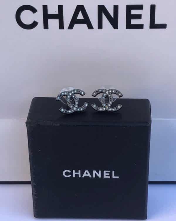 CHANEL CC Stud Earrings Silver Metal Black & Crystal Pre-Fall 2014
