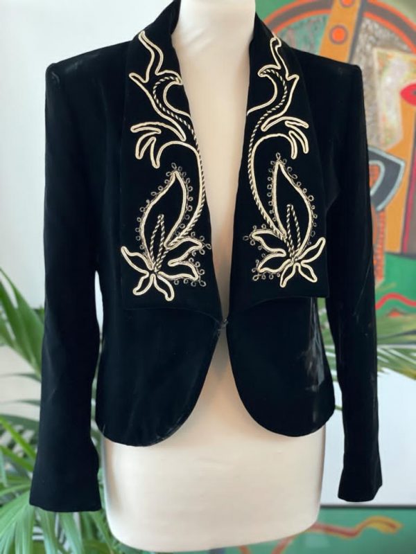 Vintage Designer Jacket Black Velvet Gold Embroidered French 90s - Image 3
