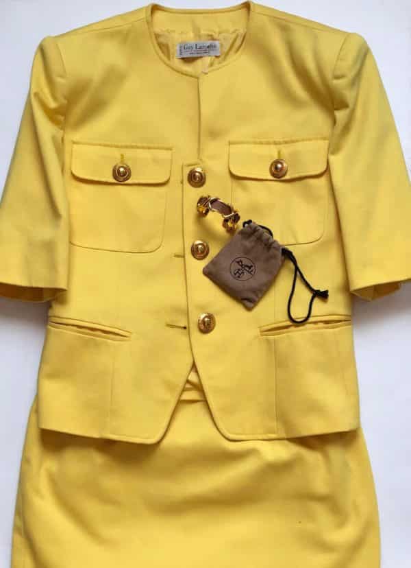 GUY LAROCHE Vintage Blazer Skirt Suit Gold Buttons Yellow - Image 2
