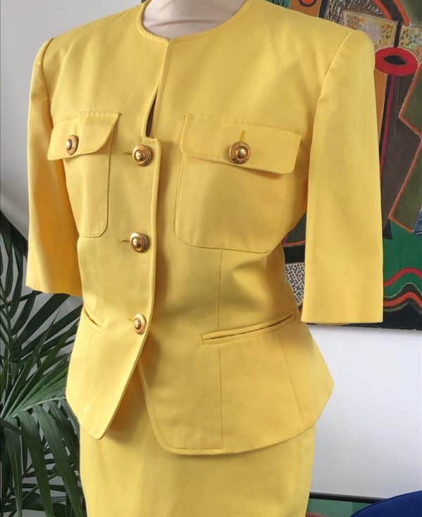 GUY LAROCHE Vintage Blazer Skirt Suit Gold Buttons Yellow - Image 3
