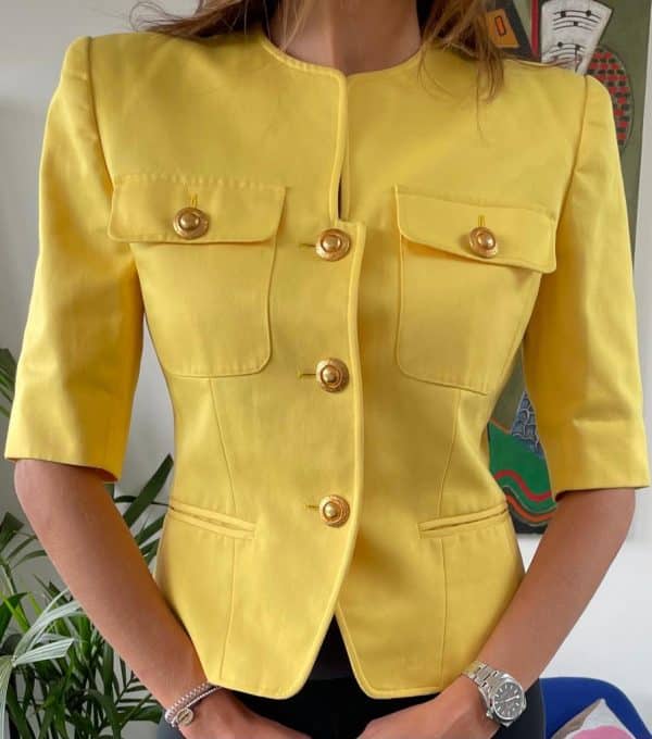 GUY LAROCHE Vintage Blazer Skirt Suit Gold Buttons Yellow