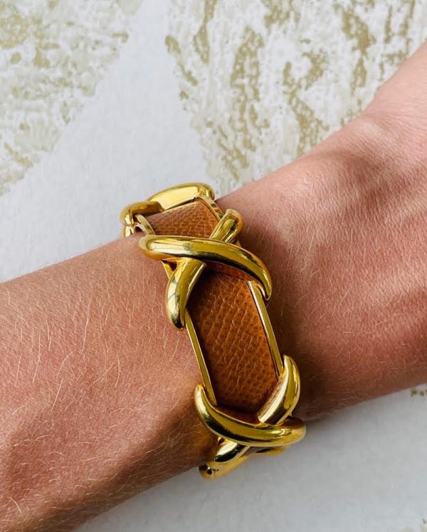 HERMÈS Criss Cross X Cuff Bracelet Vintage Gold Bronze - Image 2