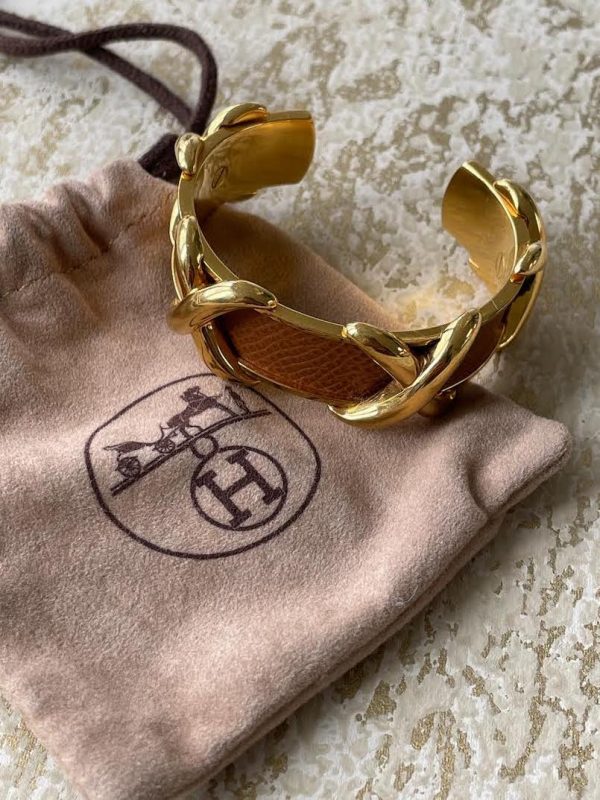 HERMÈS Criss Cross X Cuff Bracelet Vintage Gold Bronze - Image 7