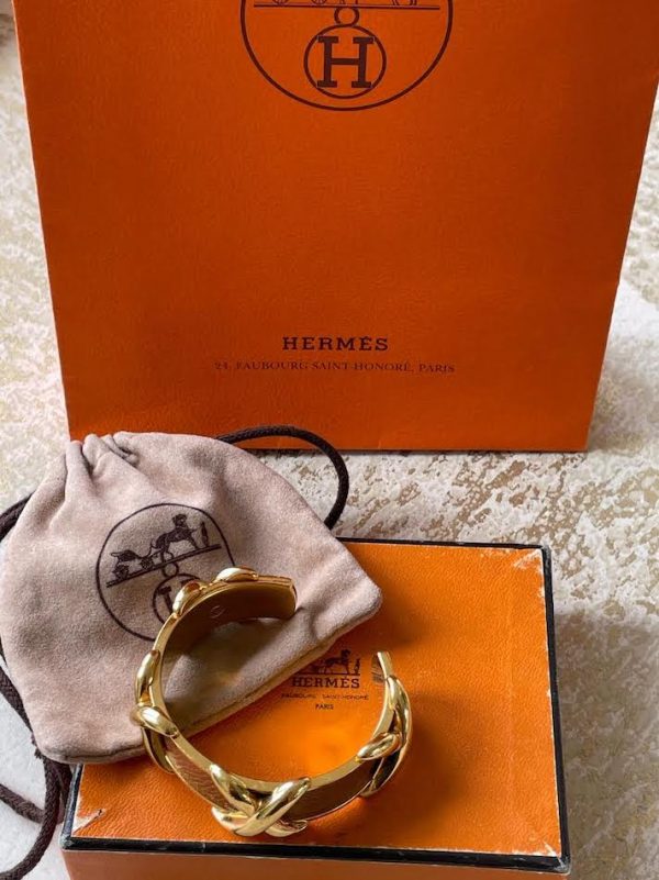 HERMÈS Criss Cross X Cuff Bracelet Vintage Gold Bronze - Image 8