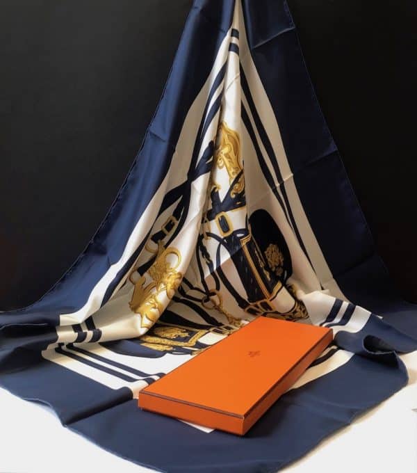HERMÈS Scarf Brides de Gala Silk H Grygkar Navy Blue Gold W/Box