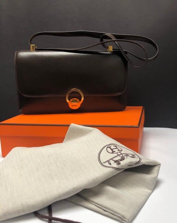HERMÈS Vintage Box Calf Leather Ring Shoulder Bag 1975