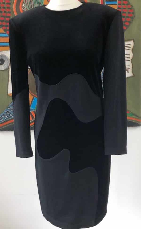LOUIS FERAUD Vintage Fitted Dress Black Velvet Wool 1980s