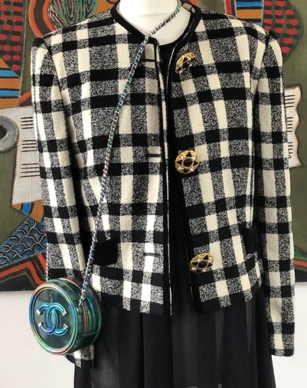 LOUIS FERAUD Vintage Jacket Jewel Buttons Black & White Check 80s - Image 3