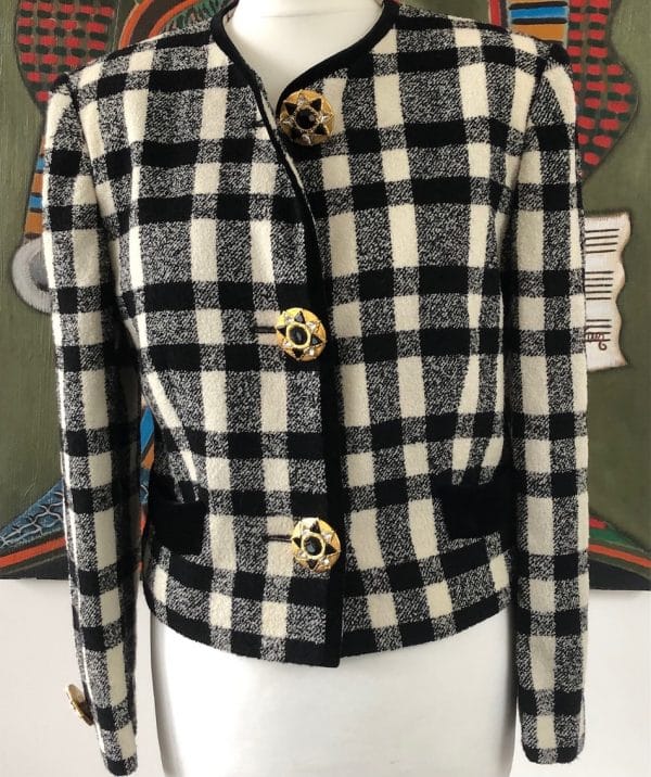 LOUIS FERAUD Vintage Jacket Jewel Buttons Black & White Check 80s - Image 2