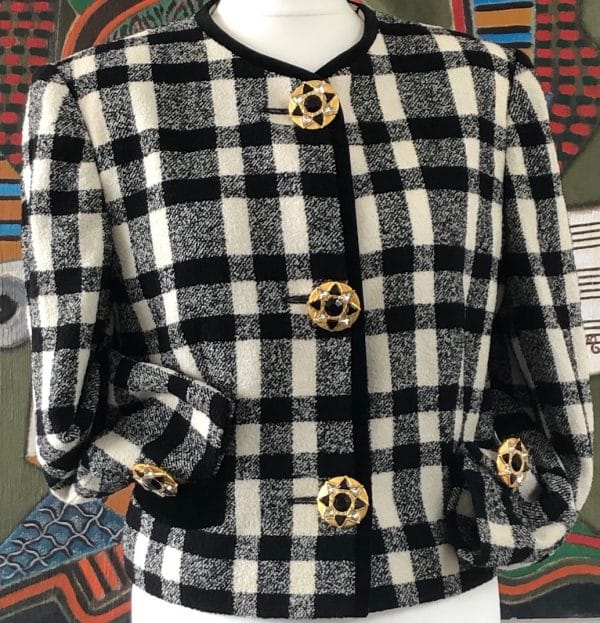 LOUIS FERAUD Vintage Jacket Jewel Buttons Black & White Check 80s