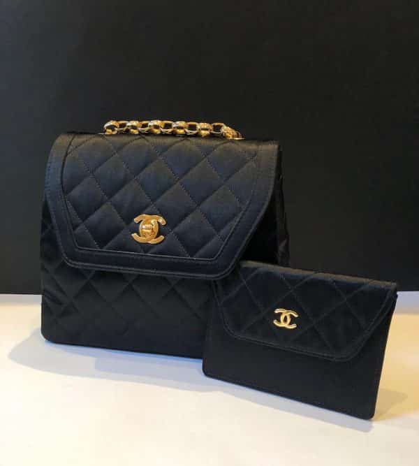 CHANEL Vintage Satin Quilted Black Flap Bag 1990s