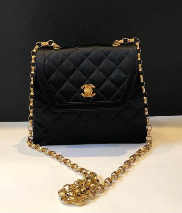 CHANEL Vintage Satin Quilted Black Flap Bag 1990s - Image 2