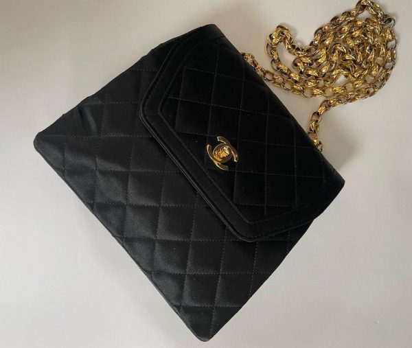 CHANEL Vintage Satin Quilted Black Flap Bag 1990s - Image 5