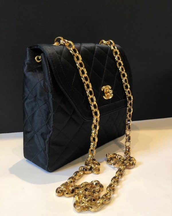 CHANEL Vintage Satin Quilted Black Flap Bag 1990s - Image 6