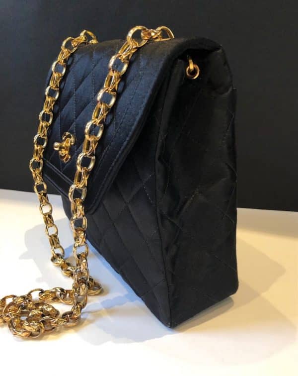 CHANEL Vintage Satin Quilted Black Flap Bag 1990s - Image 7