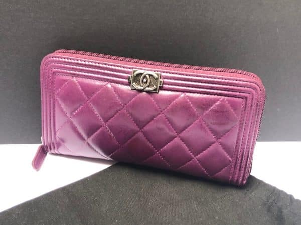 CHANEL Boy Long Wallet Quilted Purple Lambskin Clutch