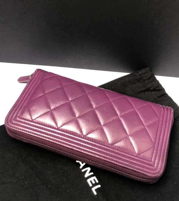 CHANEL Boy Long Wallet Quilted Purple Lambskin Clutch - Image 3