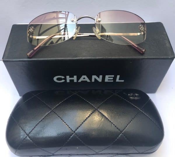 CHANEL Rimless CC Logo Slim Pink Sunglasses W/Case Box
