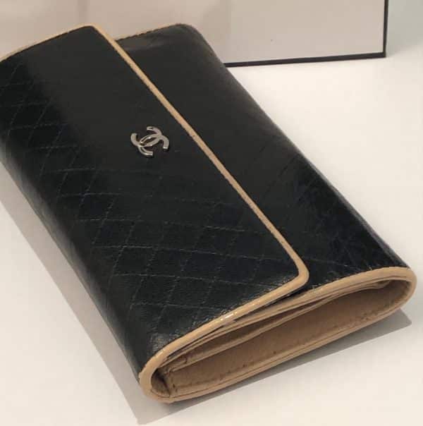 CHANEL Wallet Quilted CC Logo Black Cream Long Fold Purse 2008 - Image 3