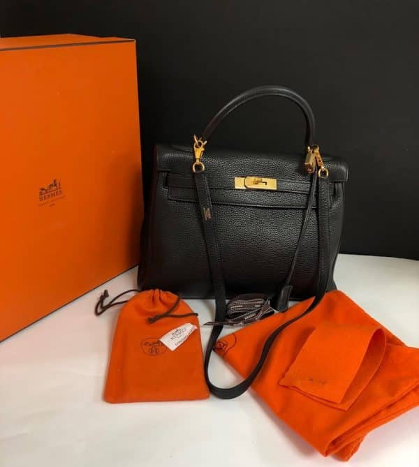 HERMÈS Kelly 32 Black Togo Retourné Gold With Strap W/Box 2003 - Image 22