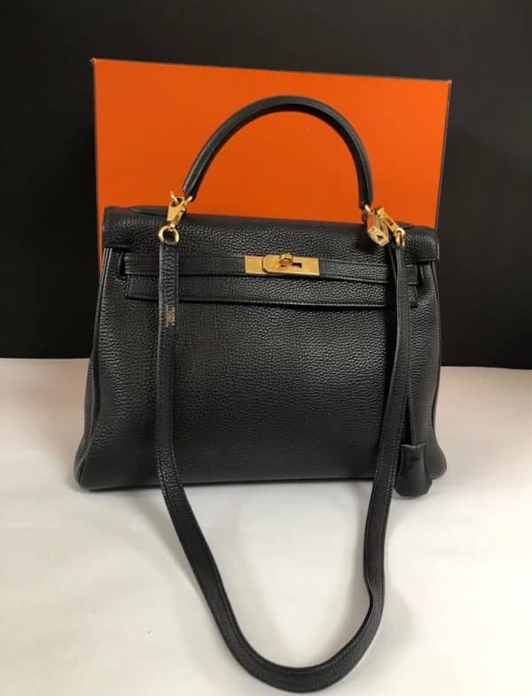 HERMÈS Kelly 32 Black Togo Retourné Gold With Strap W/Box 2003 - Image 10