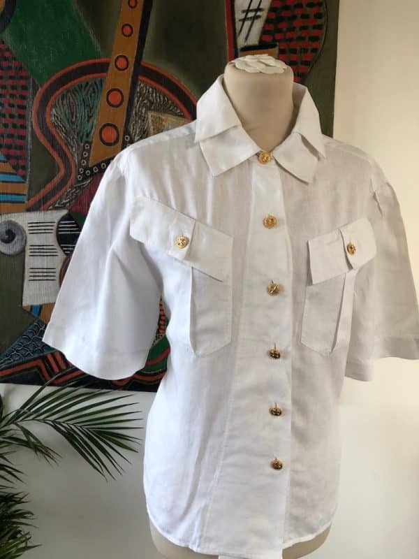 CHANEL 1990s Pleated Collar Shirt 8 Leaf Clover Chanel Buttons - Image 2