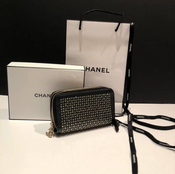 CHANEL Black Gold Crystal Embellished Swarovski Leather Triple Zip Wallet 2014-2015
