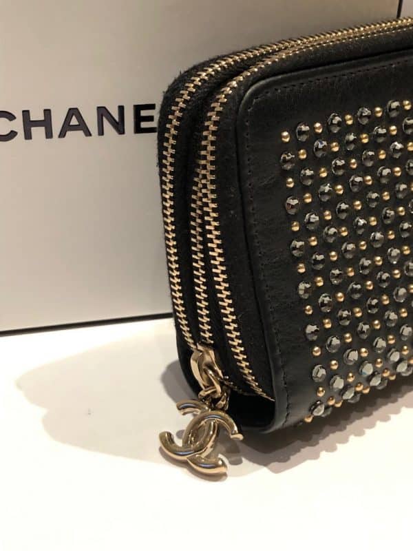 CHANEL Black Gold Crystal Embellished Swarovski Leather Triple Zip Wallet 2014-2015 - Image 6