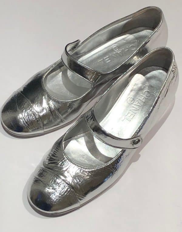 CHANEL Ballerina Flats Laminated Calfskin Silver Crossover Strap Leather Shoes