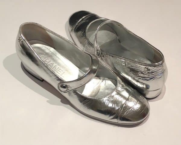 CHANEL Ballerina Flats Laminated Calfskin Silver Crossover Strap Leather Shoes - Image 2
