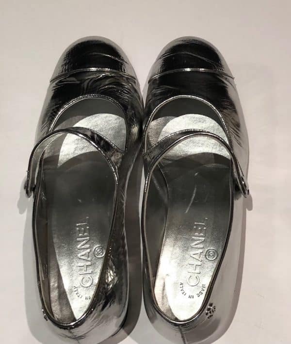 CHANEL Ballerina Flats Laminated Calfskin Silver Crossover Strap Leather Shoes - Image 5