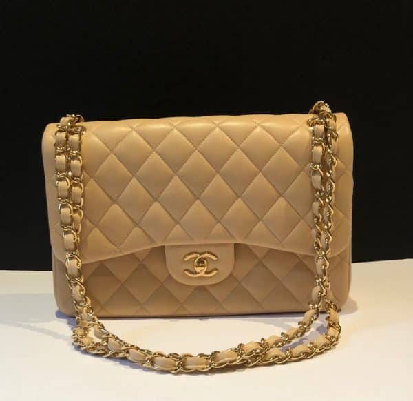 CHANEL Maxi Classic Handbag Leather & Gold Tone Metal Beige Jumbo 2012 - Image 3