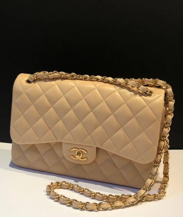 CHANEL Maxi Classic Handbag Leather & Gold Tone Metal Beige Jumbo 2012 - Image 5