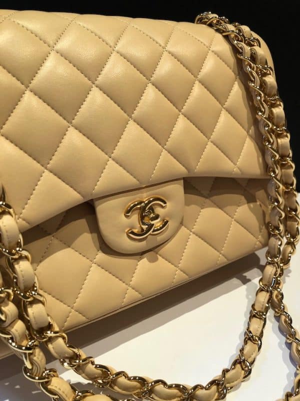 CHANEL Maxi Classic Handbag Leather & Gold Tone Metal Beige Jumbo 2012 - Image 9