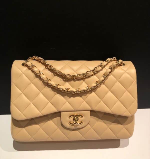 CHANEL Maxi Classic Handbag Leather & Gold Tone Metal Beige Jumbo 2012