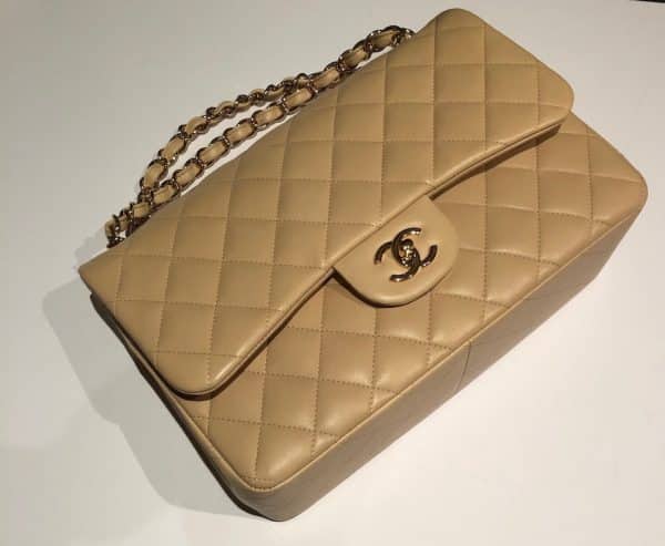 CHANEL Maxi Classic Handbag Leather & Gold Tone Metal Beige Jumbo 2012 - Image 6