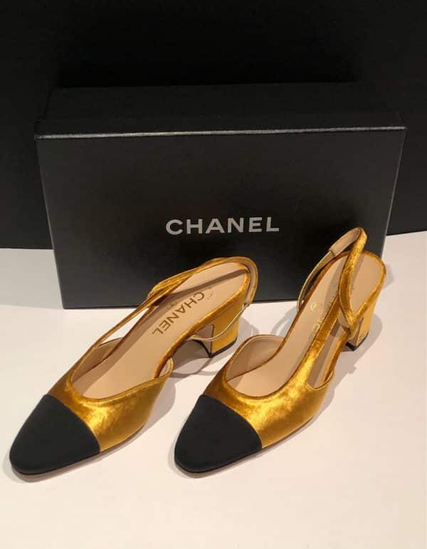CHANEL Sling-Back Grosgrain & Velvet Black Gold Never Worn W/Box