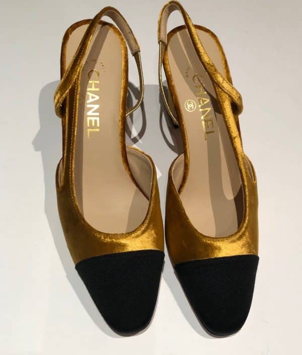 CHANEL Sling-Back Grosgrain & Velvet Black Gold Never Worn W/Box - Image 2