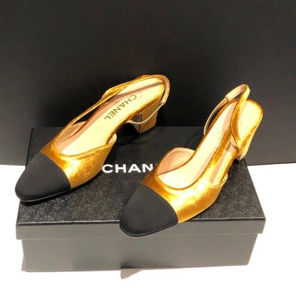 CHANEL Sling-Back Grosgrain & Velvet Black Gold Never Worn W/Box - Image 3
