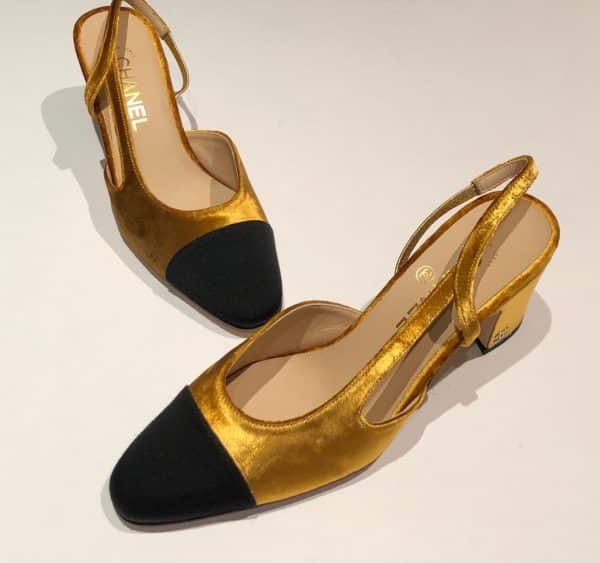 CHANEL Sling-Back Grosgrain & Velvet Black Gold Never Worn W/Box - Image 4