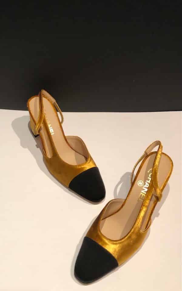 CHANEL Sling-Back Grosgrain & Velvet Black Gold Never Worn W/Box - Image 8