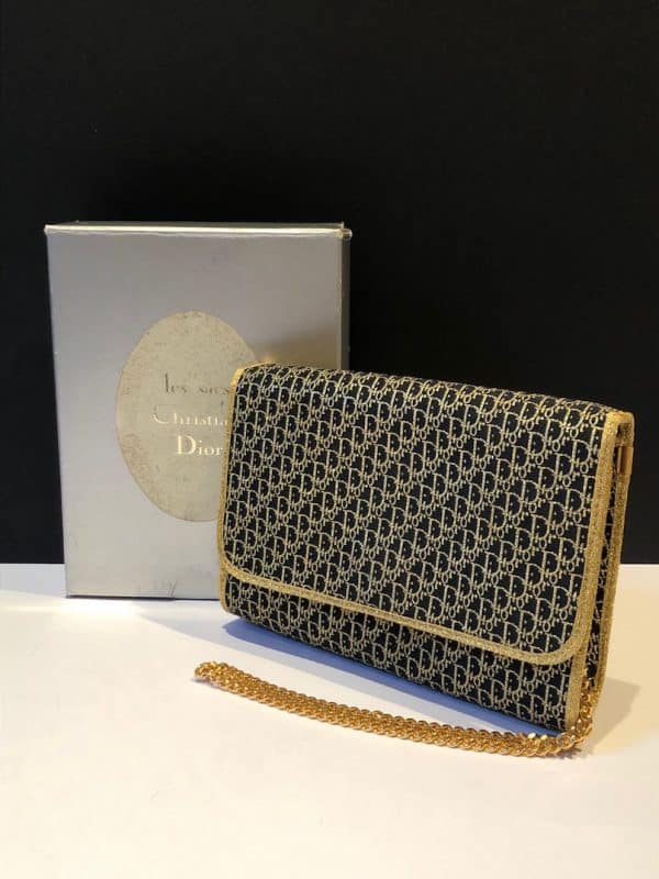 CHRISTIAN DIOR Vintage Clutch Chain Black & Gold CD Monogram Shoulder Bag Circa 1970s