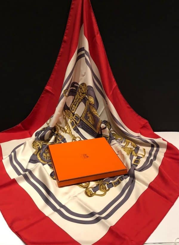 HERMÈS Scarf Brides de Gala Silk H Grygkar Red Grey Gold W/Box