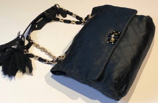 LANVIN Black Quilted Happy Medium Shoulder Satin Bag Chain Flower Strap - Image 9