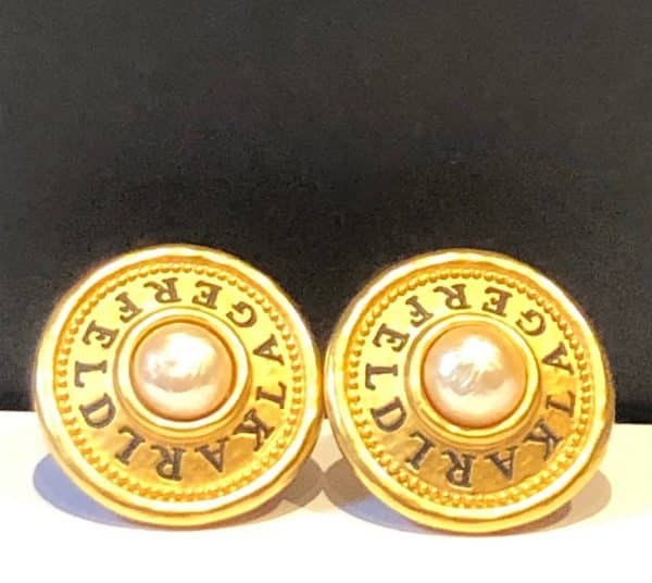 KARL LAGERFELD Vintage Iconic Logo Jumbo Earrings Gold Tone & Pearl