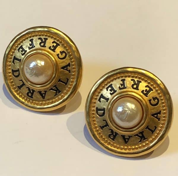 KARL LAGERFELD Vintage Iconic Logo Jumbo Earrings Gold Tone & Pearl - Image 2
